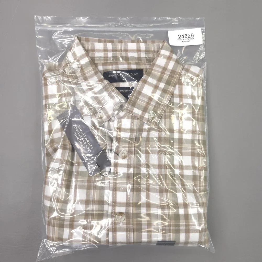 Banana Republic Shirt Mens Small Beige Plaid Slim Fit Untucked Button Up Casual